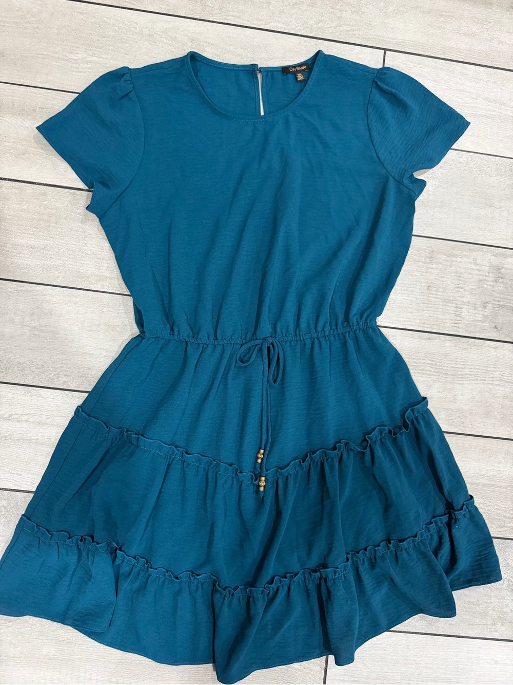 City Studio Teal Short-Sleeve Tiered Drawstring Dress for Kids